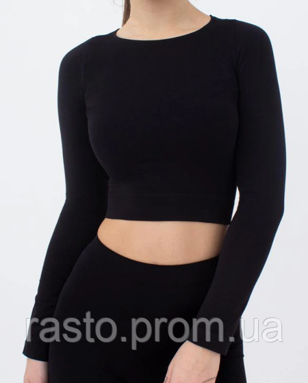 KidSportCrop Черный кроп топ с длинным рукавом из полированного хлопка для девочек 92,98, 104, 116, 122 1832223134 фото